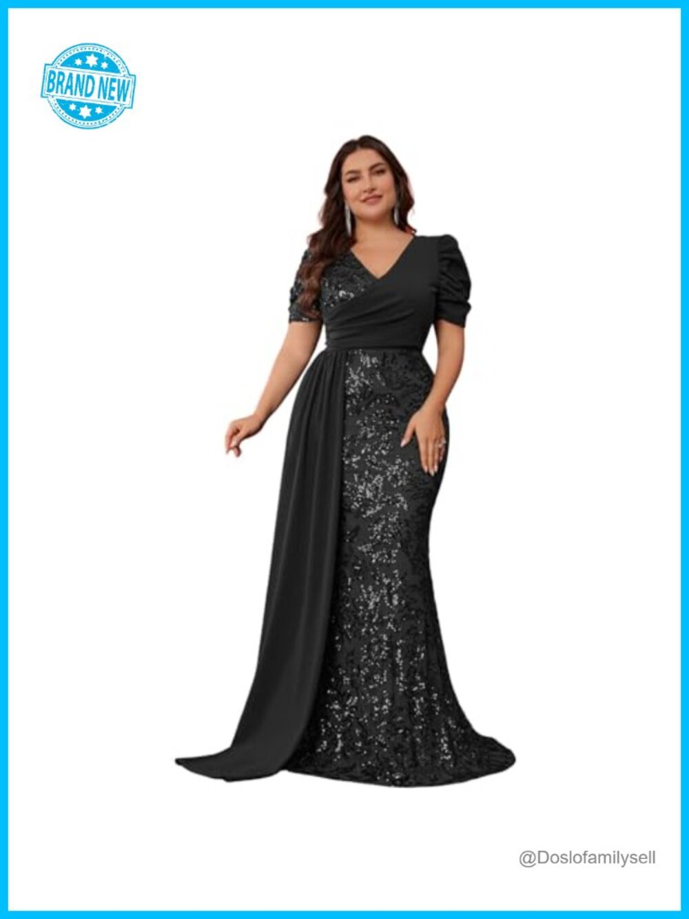 Formal Sequin Mermaid Dress Puff Sleeve Court Train Wedding Guest Gown